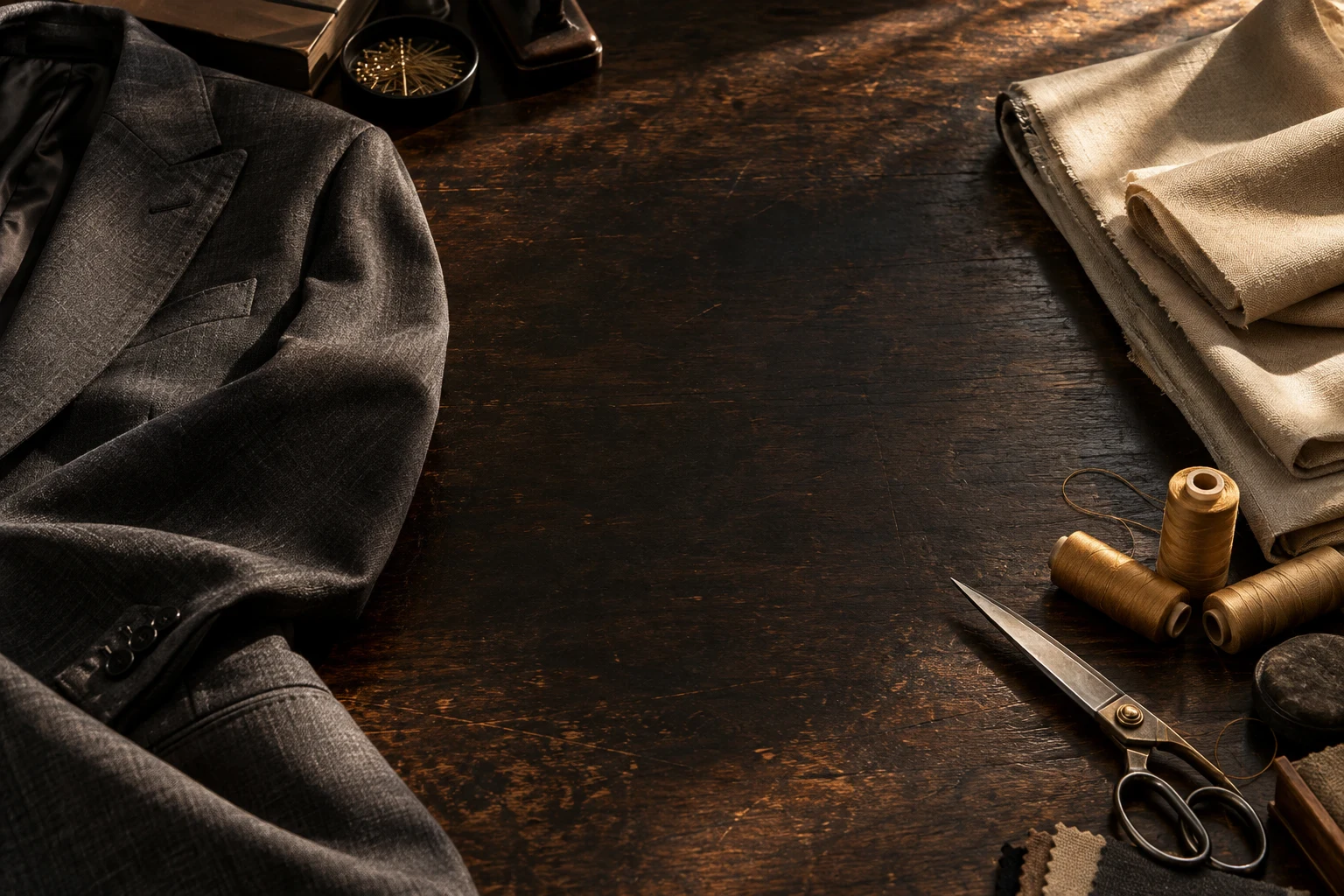 Charcoal tailoring, sand fabric and gold thread on a wooden worktable