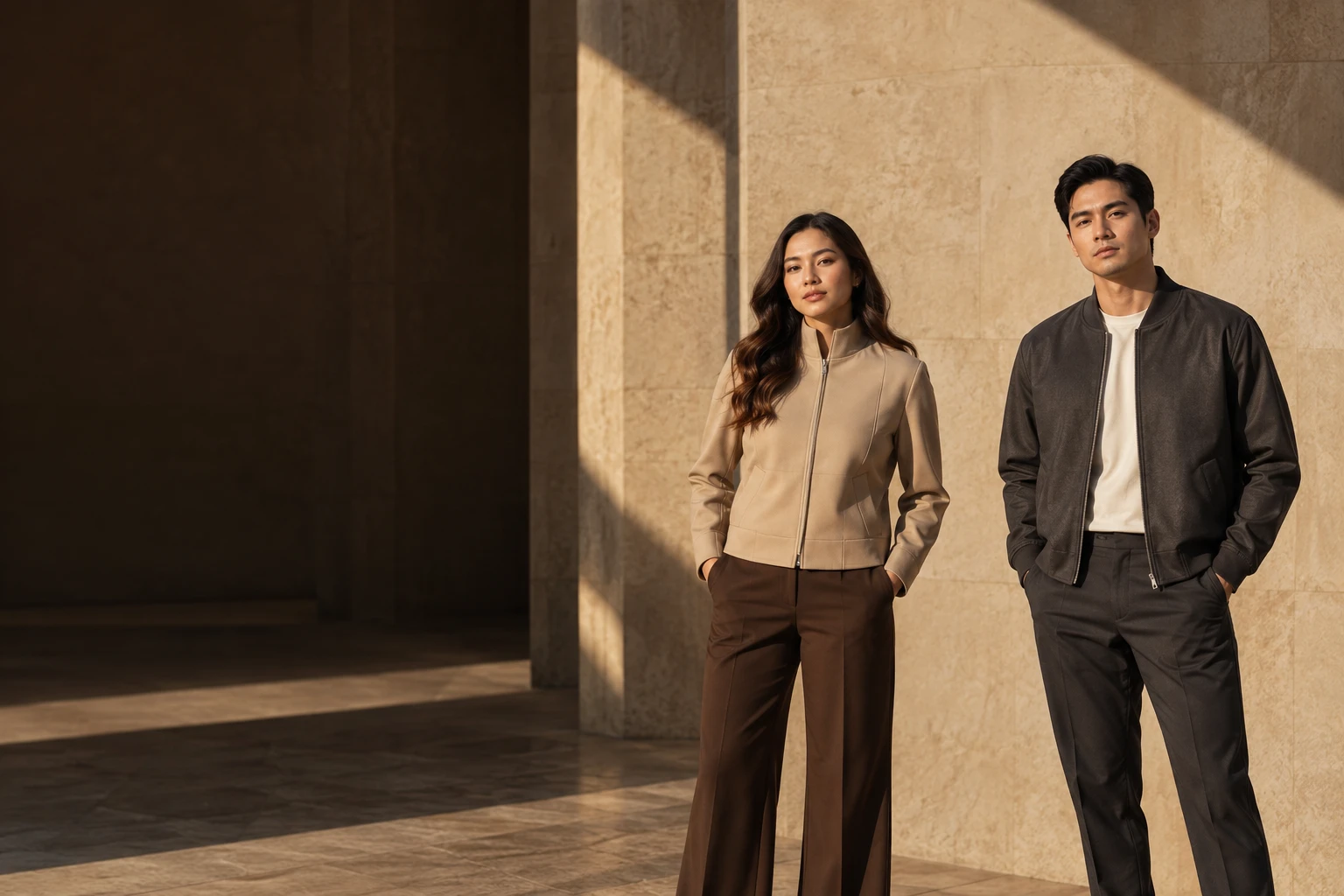 Two models in sand and charcoal tailored teamwear, photographed in a warm architectural courtyard
